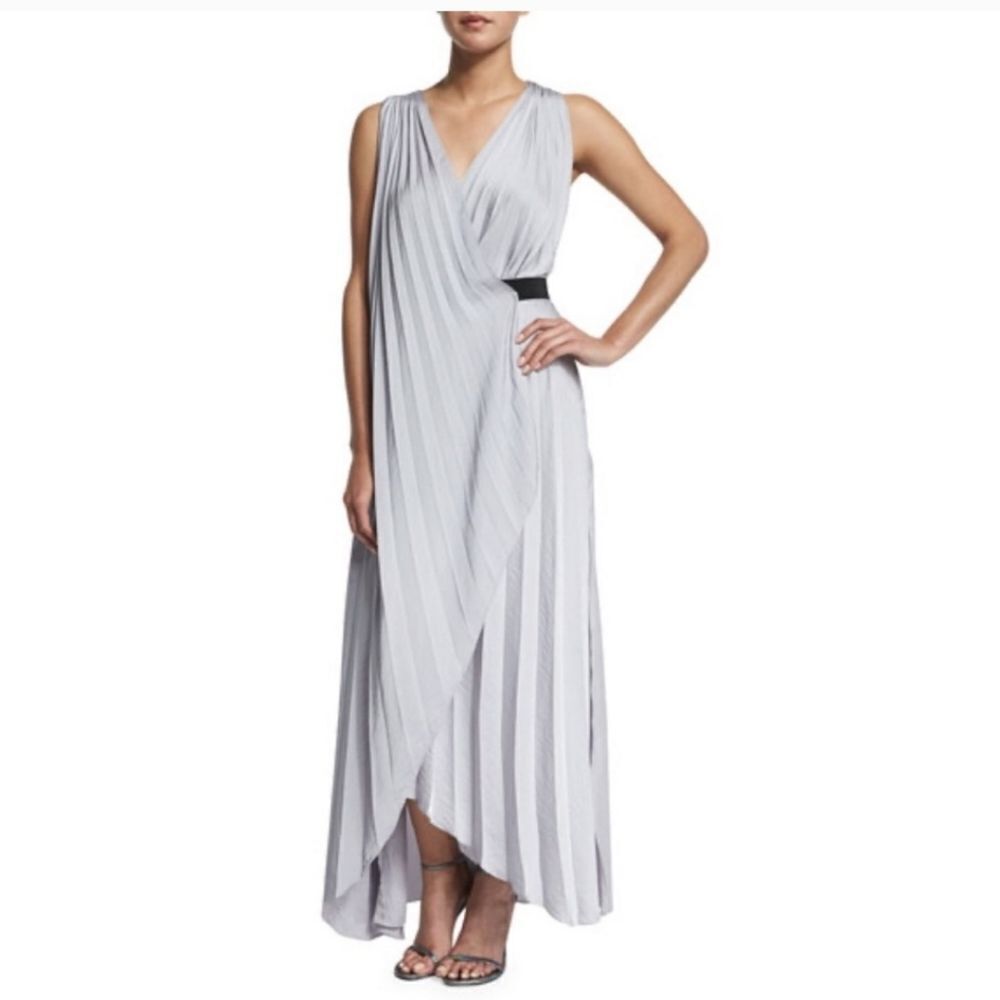 L'Agence Helene Silver Pleated Satin Maxi Dress Size Small